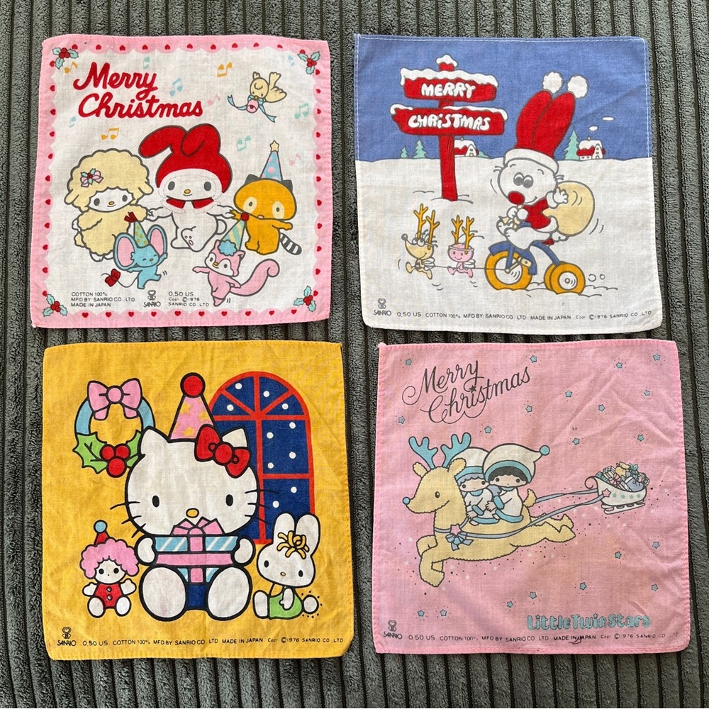 Vintage 1976 Sanrio Hello Kitty and Friends Christmas Handkerchiefs, Set of 4